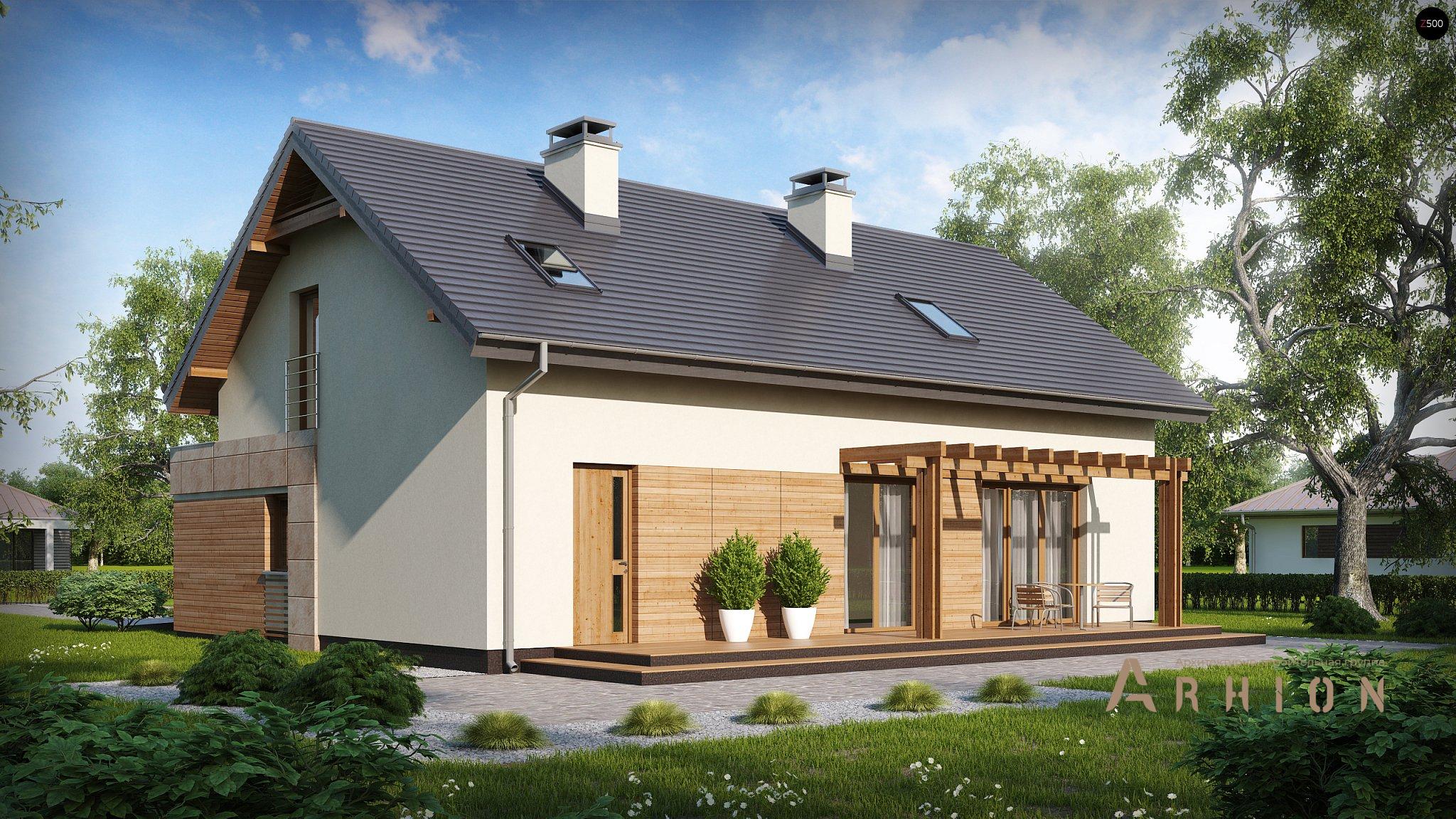 2. Проект одноэтажного дома в канадском стиле с двускатной кровлей, Zx38 v1, площадью - 187 кв c мансардой, терассой, балконом, гаражом